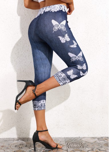 Denim Blue bottoms,Animal Print bottoms,Floral bottoms,Butterfly Print Denim Blue High Waisted Leggings