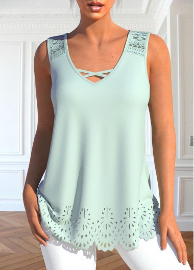 Sage Green tops,Plain Color tops,ROTITA Burn Out Printing Sage Green Lace Tank Top