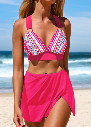 Hot Pink swimwear,Geometric swimwear,Chevron swimwear,Striped swimwear,Dot swimwear,ROTITA Circular Ring Hot Pink Geometric Print Bikini Set