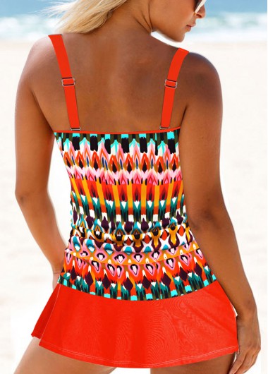 Orange swimwear,Tribal swimwear,ROTITA Patchwork Orange Tribal Print Mid Waisted Tankini Set