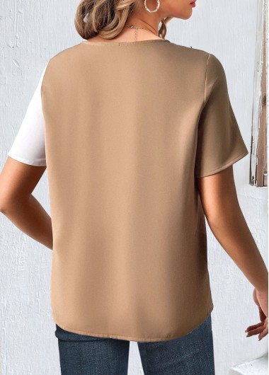 Dark Camel tops,Contrast Color tops,ROTITA Layered White Turn Down Collar Short Sleeve Blouse