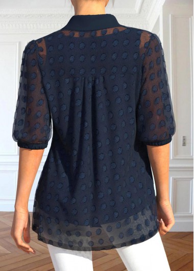 Navy plus size,Plain Color plus size,ROTITA Plus Size Button Navy Shirt Collar Blouse