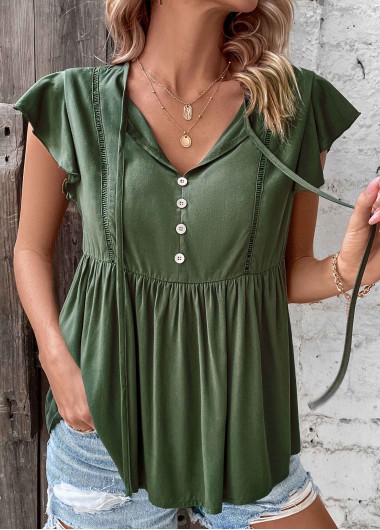 Blackish Green tops,Plain Color tops,Ruched Blackish Green V Neck T Shirt