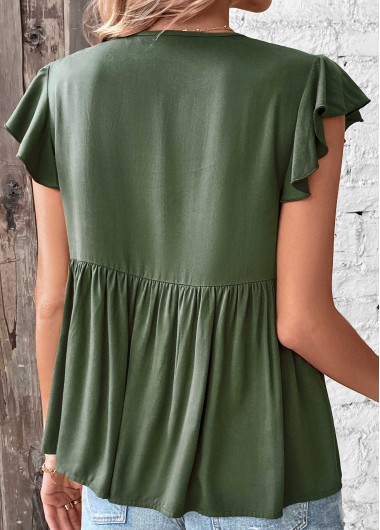 Blackish Green tops,Plain Color tops,Ruched Blackish Green V Neck T Shirt