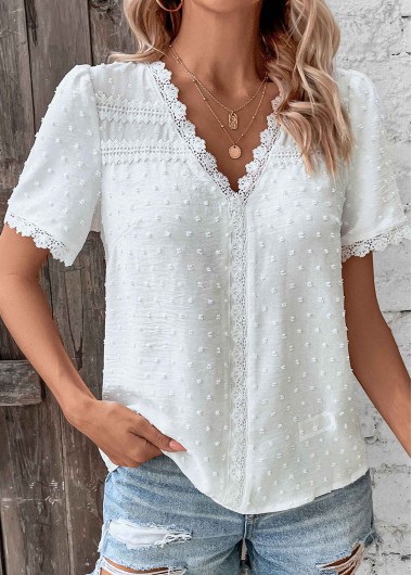 White tops,Plain Color tops,Lace Patchwork White V Neck T Shirt