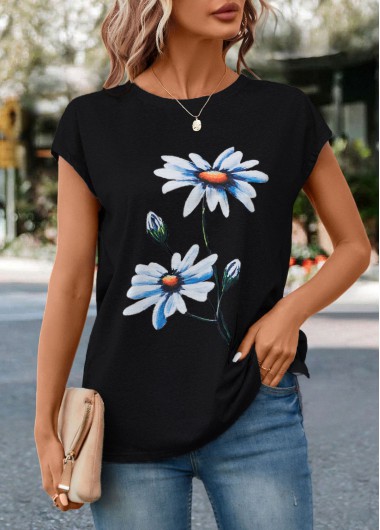 Black tops,Floral tops,Floral Print Black Round Neck T Shirt