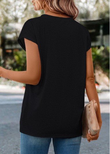 Black tops,Floral tops,Floral Print Black Round Neck T Shirt