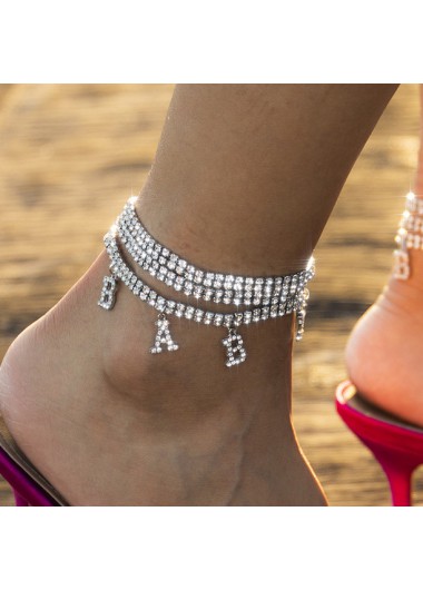 Silvery White jewelry,Other jewelry,Layered Letter Rhinestone Silvery White Anklet