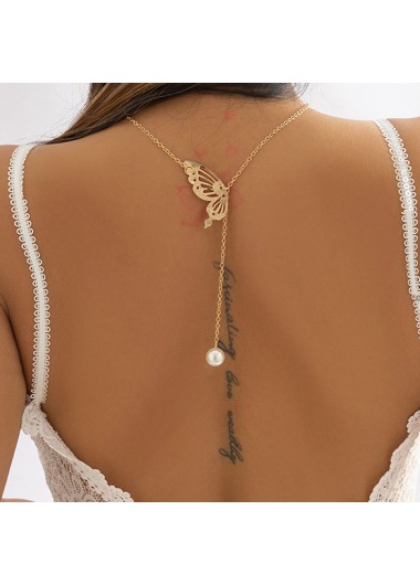 Gold jewelry,Contrast Color jewelry,Pearl Detail Butterfly Design Gold Necklace