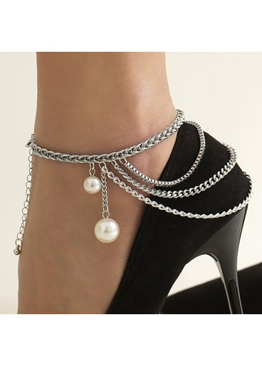 Silvery White jewelry,Contrast Color jewelry,Silvery White Pearl Detail Layered Anklet