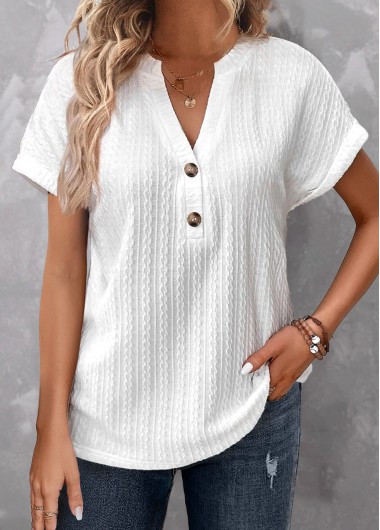 White tops,Plain Color tops,ROTITA Button White Split Neck Short Sleeve T Shirt