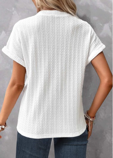 White tops,Plain Color tops,ROTITA Button White Split Neck Short Sleeve T Shirt