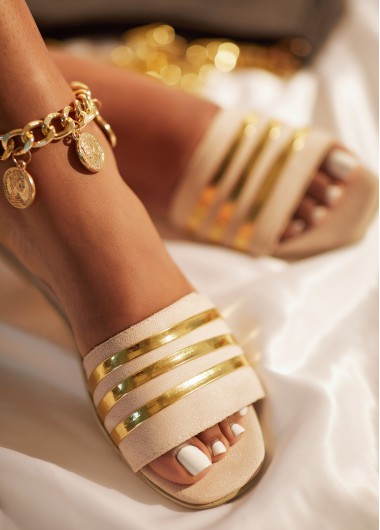 Beige accessories,Striped accessories,Striped Beige Falt Open Toe Sliders