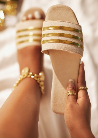 Beige accessories,Striped accessories,Striped Beige Falt Open Toe Sliders