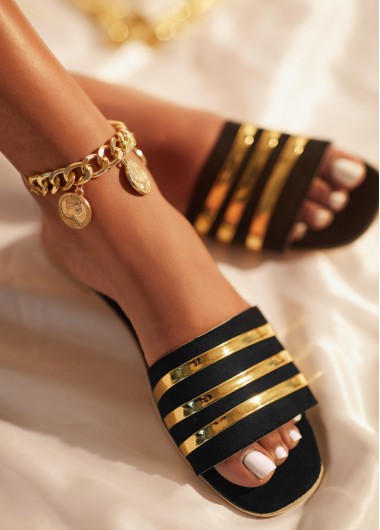 Black accessories,Striped accessories,Striped Black Falt Open Toe Sliders