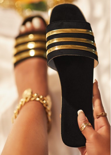 Black accessories,Striped accessories,Striped Black Falt Open Toe Sliders
