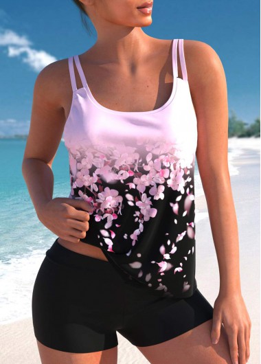 Pink swimwear,Black swimwear,Floral swimwear,Ombre swimwear,ROTITA Pink Double Straps Floral Print Tankini Top