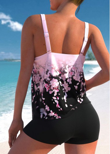 Pink swimwear,Black swimwear,Floral swimwear,Ombre swimwear,ROTITA Pink Double Straps Floral Print Tankini Top