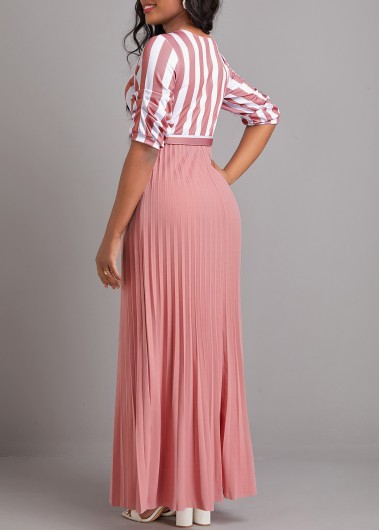 Pink dresses,White dresses,Geometric dresses,Striped dresses,ROTITA Button Geometric Print Pink Belted Maxi Dress