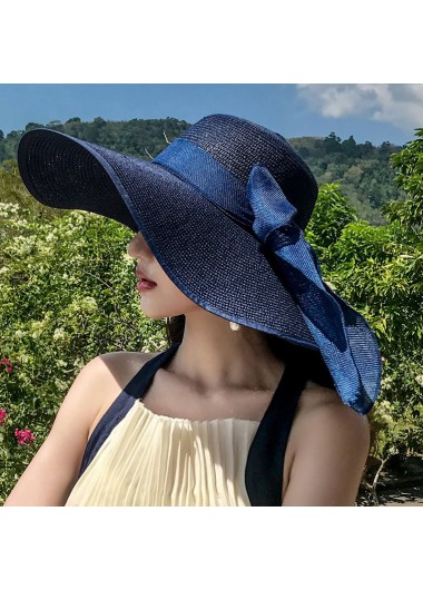 Navy accessories,Plain Color accessories,Bowknot Straw Detail Navy Visor Hat