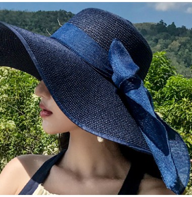 Navy accessories,Plain Color accessories,Bowknot Straw Detail Navy Visor Hat
