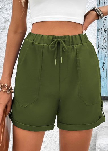 Olive Green bottoms,Plain Color bottoms,Pocket Olive Green Drawastring High Waisted Shorts