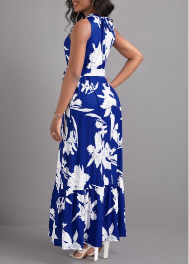 Blue dresses,White dresses,Plants dresses,Floral dresses,Tie Leaf Print Blue Belted Maxi Dress