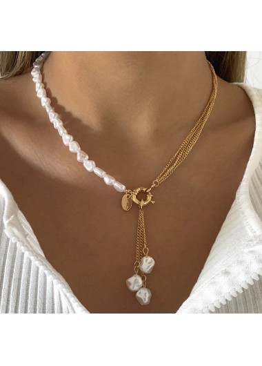 Gold jewelry,White jewelry,Contrast Color jewelry,Asymmetric Pearl Detail Gold Chain Necklace