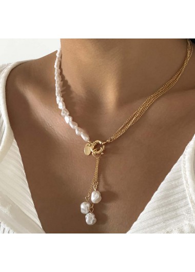 Gold jewelry,White jewelry,Contrast Color jewelry,Asymmetric Pearl Detail Gold Chain Necklace