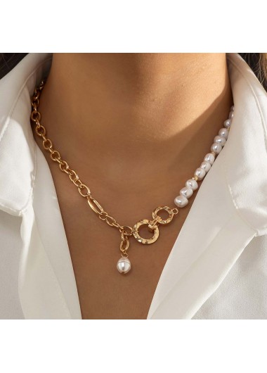 Gold jewelry,White jewelry,Contrast Color jewelry,Pearl Detail Chain Golden Metal Necklace