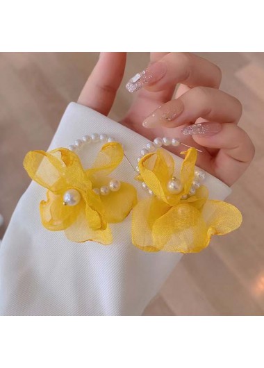 Yellow jewelry,Floral jewelry,Plants jewelry,Pearl Detail Yellow Floral Design Earrings