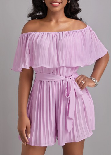 Light Purple dresses,Plain Color dresses,Pleated Light Purple Belted Short Off Shoulder Dress