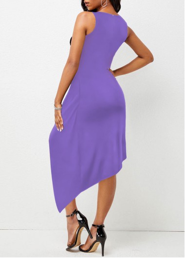 Purple dresses,White dresses,Floral dresses,Party dresses,Elegant dresses,ROTITA Twist Floral Print Purple Round Neck Bodycon Dress