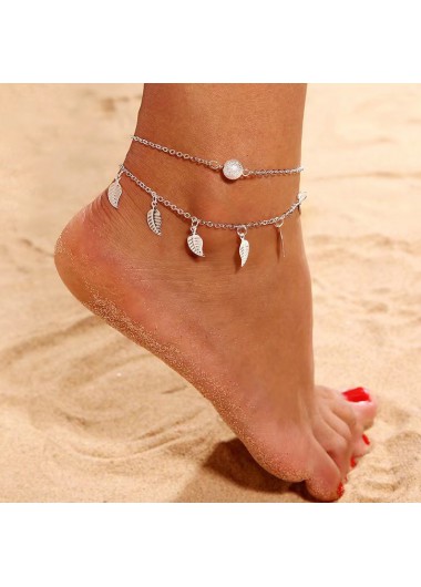 Silver jewelry,Plants jewelry,Geometric jewelry,Leaf Alloy Detail Geometric Pattern Silver Anklet