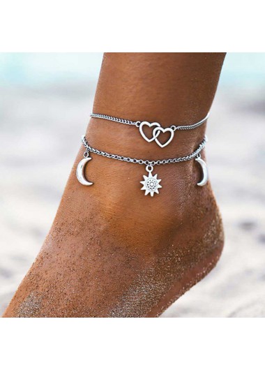 Silver jewelry,Other jewelry,Moon Layered Heart Design Silver Anklet Set