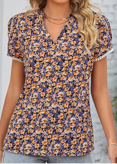 Multi Color tops,Ditsy Floral tops,Plants tops,Patchwork Ditsy Floral Print Multi Color Blouse