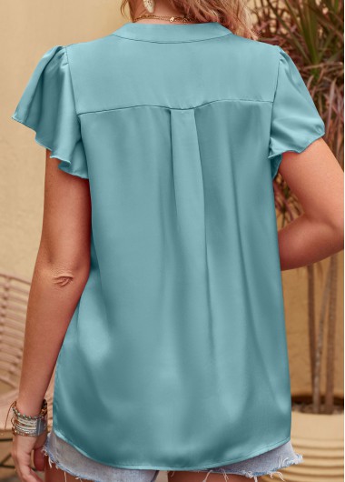 Neon Blue tops,Plain Color tops,Smocked Neon Blue V Neck Short Sleeve Blouse