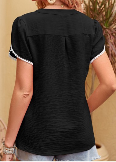 Black tops,Plain Color tops,Patchwork Black V Neck Short Sleeve Blouse