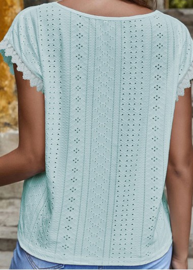 Light Blue tops,Plain Color tops,Patchwork Light Blue V Neck T Shirt