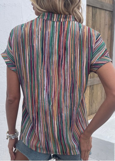 Multi Color tops,Striped tops,Geometric tops,Button Striped Multi Color V Neck Blouse
