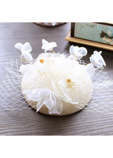 White accessories,Floral accessories,Plants accessories,Mesh Stitching White Floral Design Hat