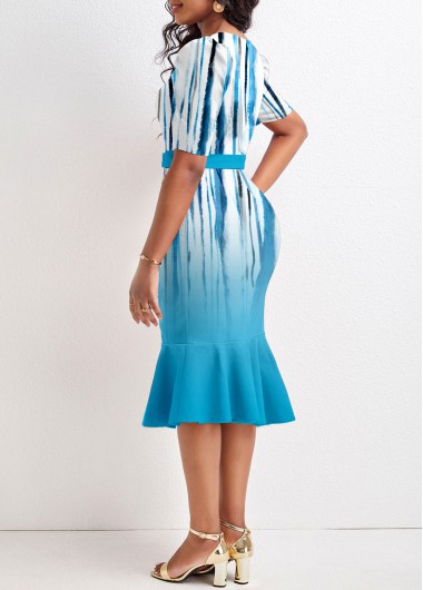Blue dresses,Geometric dresses,Striped dresses,Ombre dresses,ROTITA Mermaid Geometric Print Blue Belted Bodycon Dress