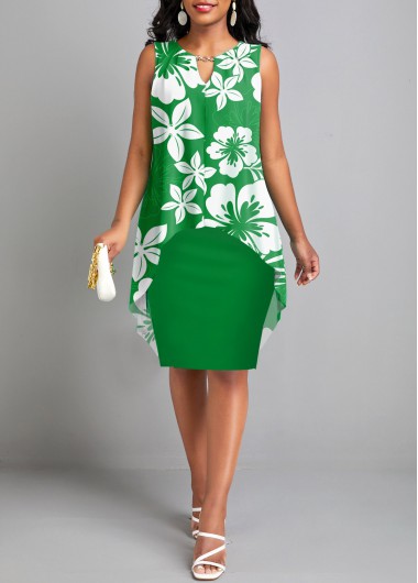 Green dresses,Floral dresses,ROTITA Fake 2in1 Floral Print Green Dress