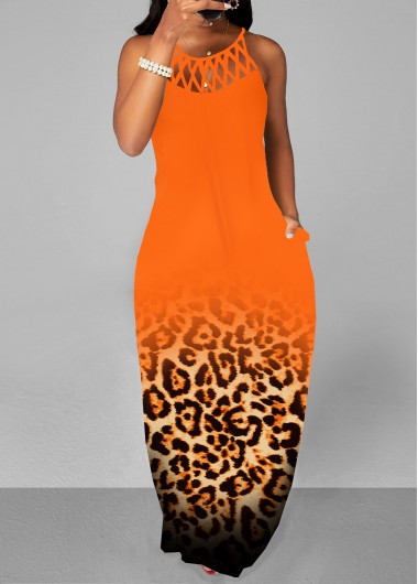 Orange dresses,Leopard dresses,Ombre dresses,ROTITA Cage Neck Leopard Orange A Line Maxi Dress