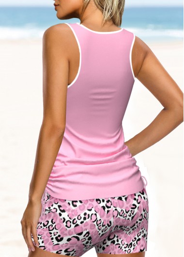 Light Pink swimwear,Leopard swimwear,Animal Print swimwear,ROTITA Patchwork Light Pink Leopard Mid Waisted Tankini Set