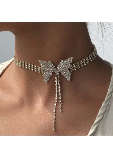 Black jewelry,Geometric jewelry,Rhinestone Layered Butterfly Detail Gold Necklace