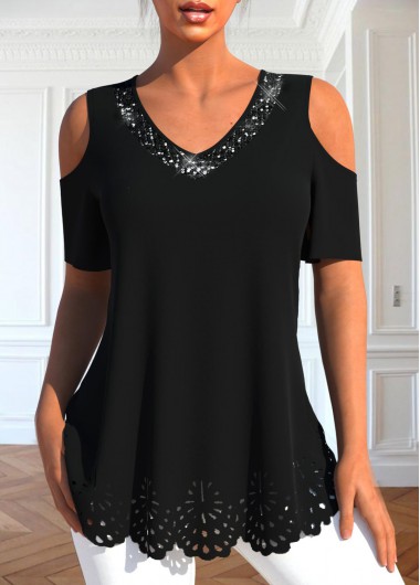 Black tops,Plain Color tops,ROTITA Burn Out Printing Black V Neck T Shirt