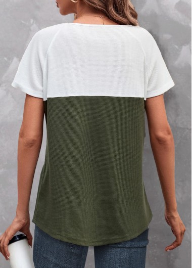 Olive Green tops,White tops,Contrast Color tops,ROTITA Button Olive Green Round Neck T Shirt