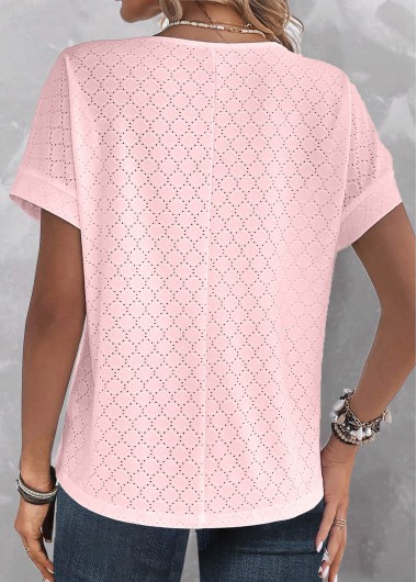 Pink tops,Plain Color tops,ROTITA Lace Pink V Neck Short Sleeve T Shirt