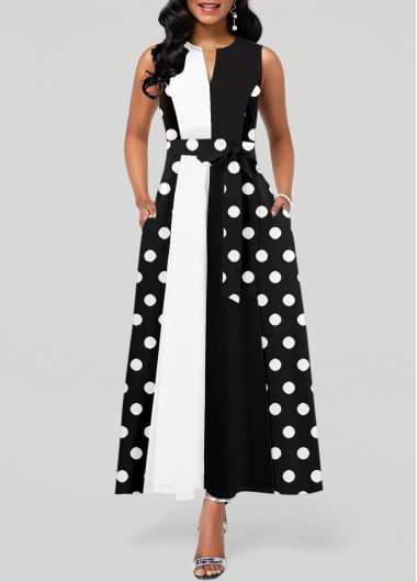 Black dresses,Dot dresses,Geometric dresses,ROTITA Tie Polka Dot Black Belted Split Neck Dress